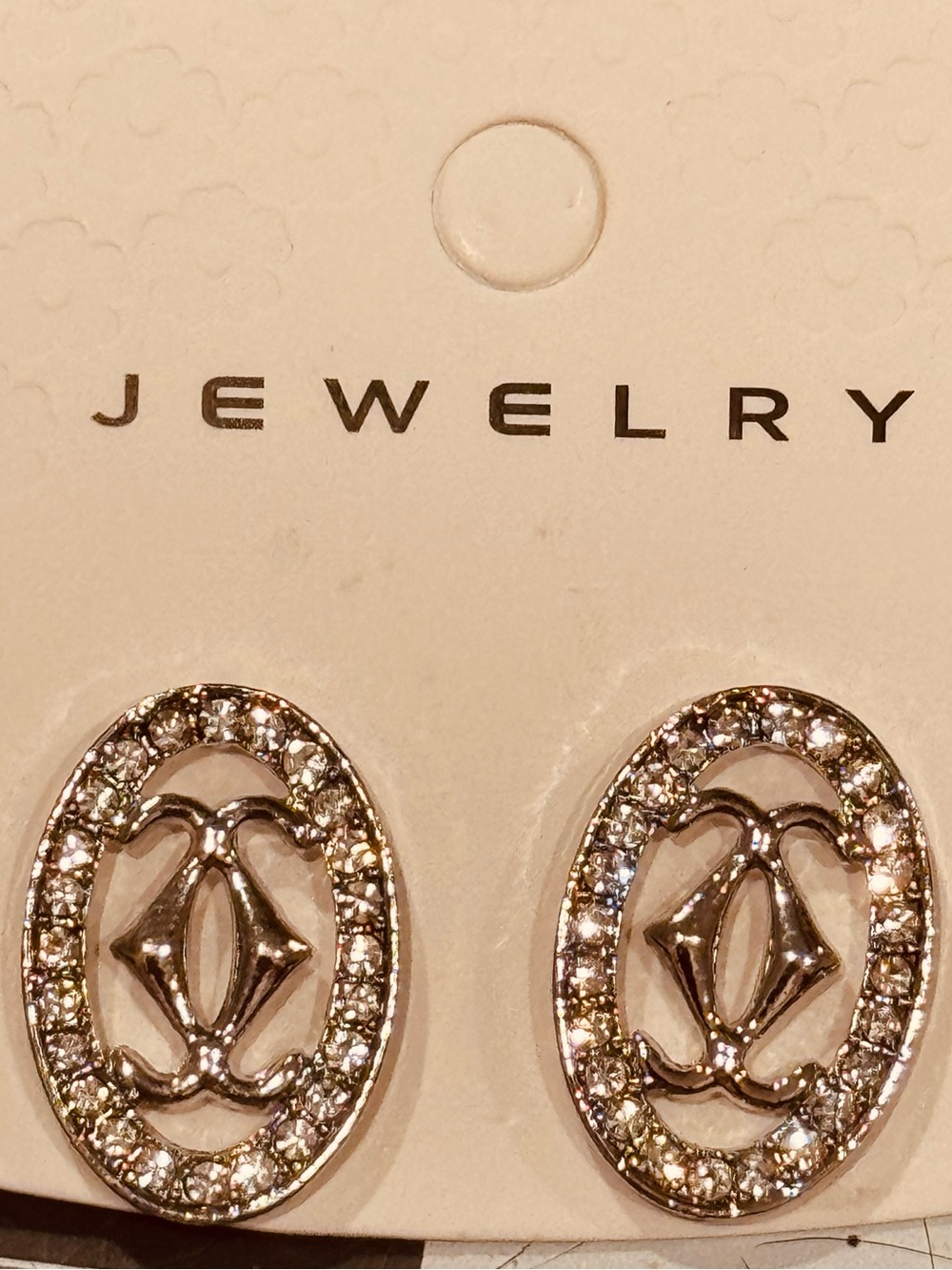 NWT Chloe Accessories Crystal-Trim Oval Monogram Stud Earrings 1 in Silver Tone